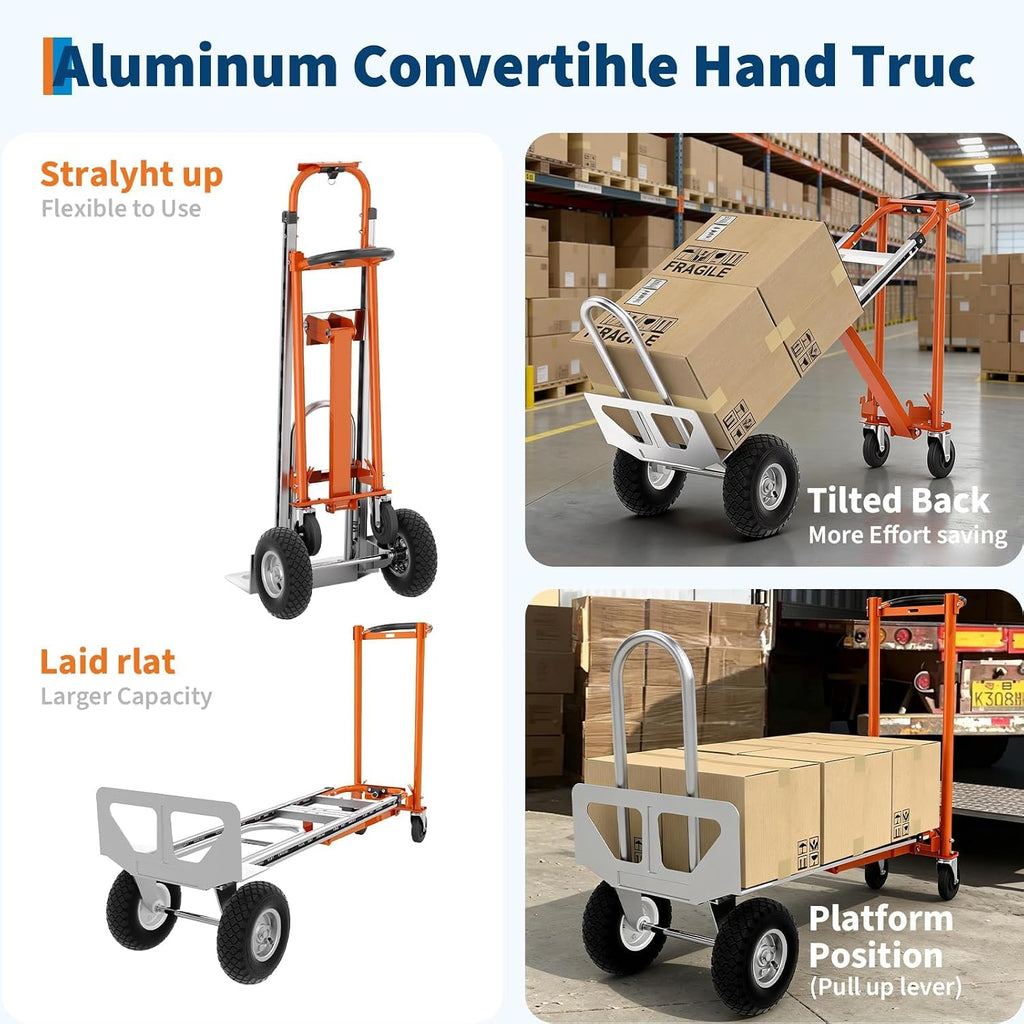 4 in 1 Convertible Hand Truck, Aluminum Hand Trucks 1000 Lb Capacity, Convertible Hand Truck with Wheels, Elastic