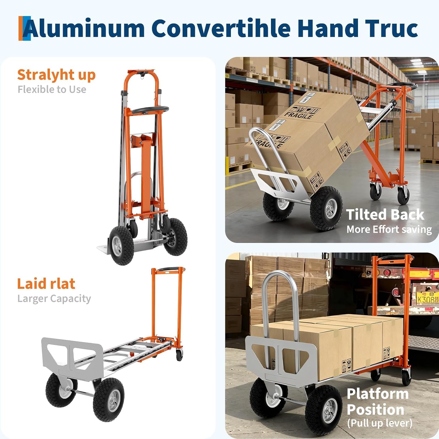 4 in 1 Convertible Hand Truck, Aluminum Hand Trucks 1000 Lb Capacity, Convertible Hand Truck with Wheels, Elastic