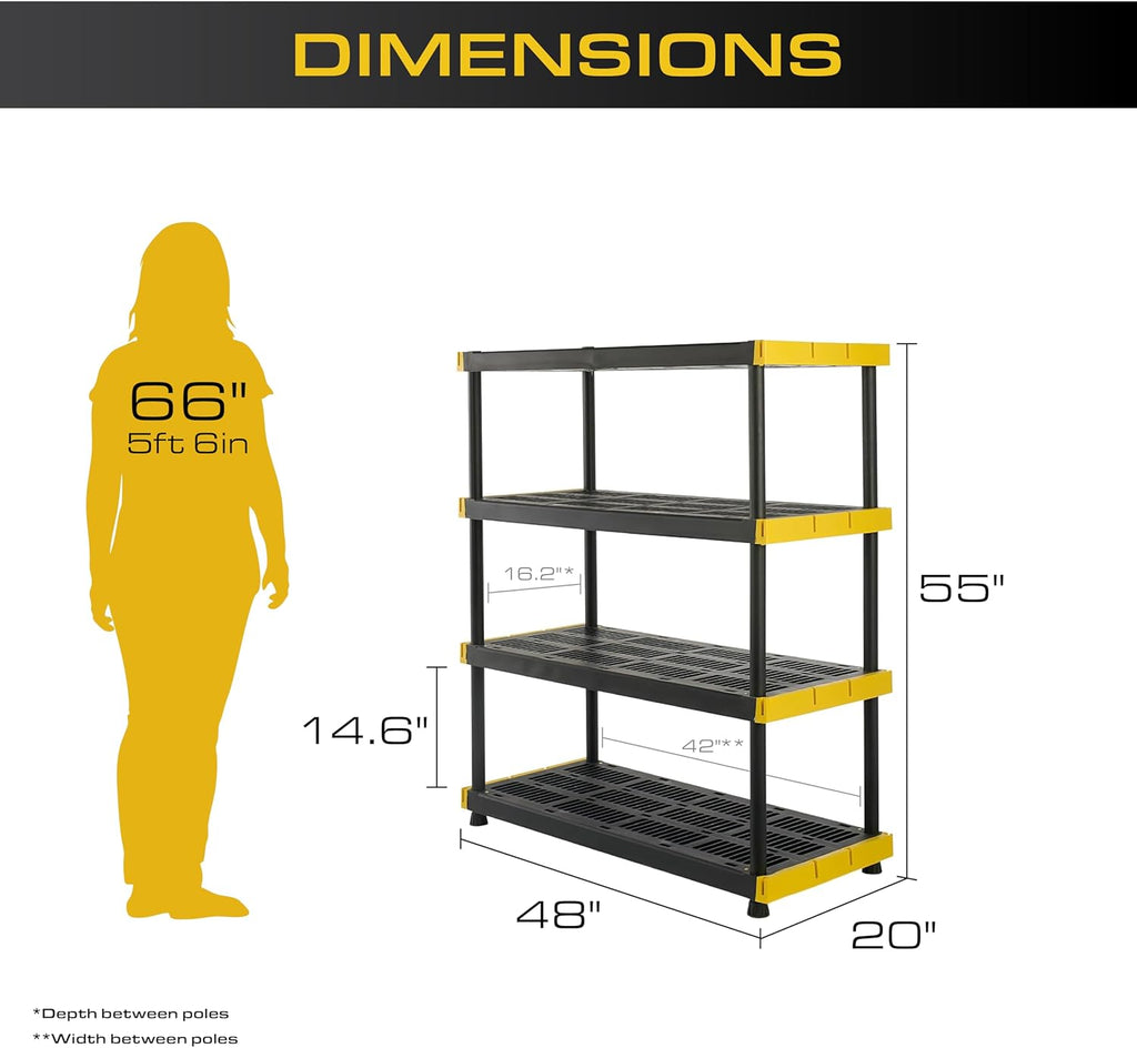 Black & Yellow, 4-Tier Heavy Duty Plastic Storage Shelving Unit, 200lbs/shelf (55H x 48W x 20D), for Indoor/Outdoor