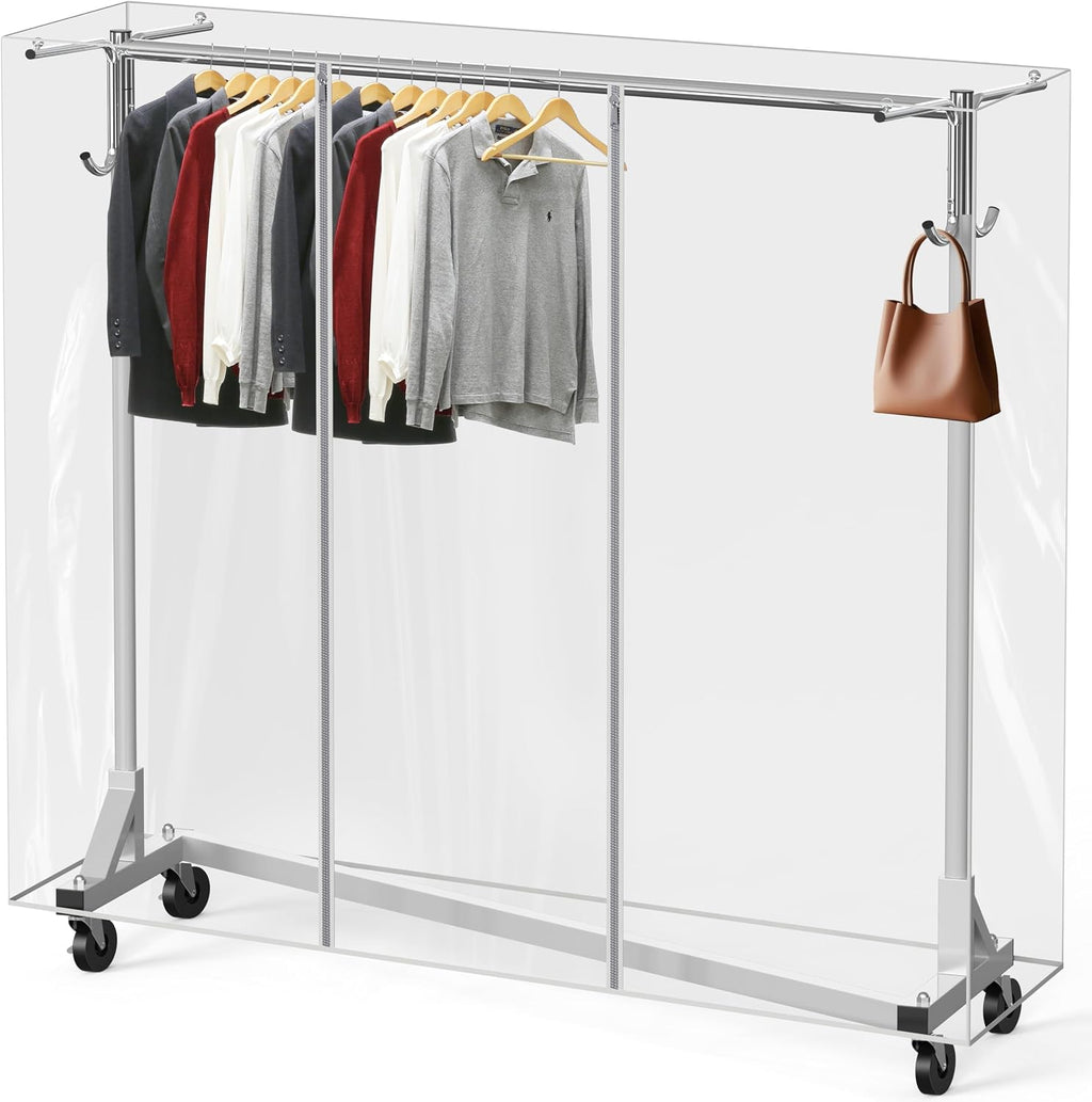 Industrial Grade Z-Base Garment Rack w/Cover Tube Bracket | 500Lb Load with 62" Extra Long Bar, Clear Cover