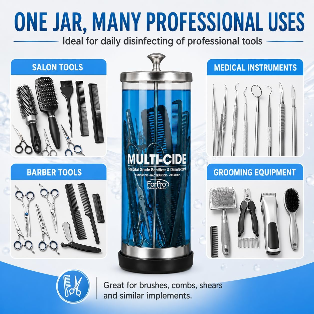 ForPro Multi-Cide Tall Glass Disinfectant Jar, Holds Brushes, Combs, Shears & Salon Tools, Clear Sanitizing Jar for