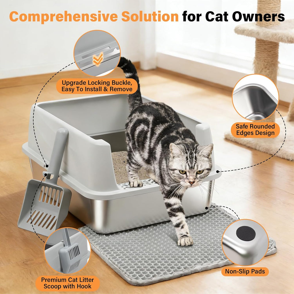 Stainless Steel Litter Box with High Sides, Small Metal Litter Box for Kittens & Medium Cats, Low Entry Kitten Litter