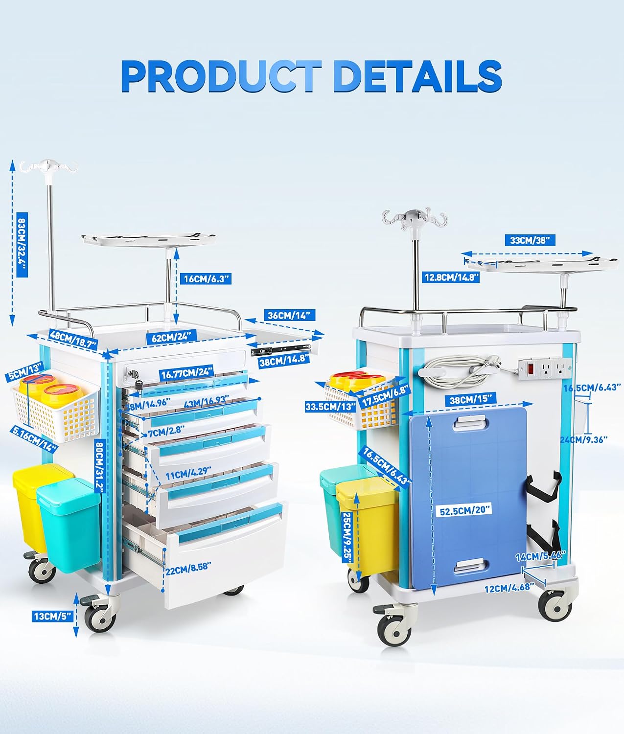 Medication Cart, Medical Rolling Storage Crash Cart with Wheels & Drawers, Ultrasound Nursing Emergency Cart with IV