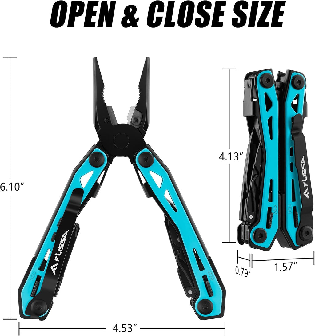 16-In-1 Multi-Tool Pliers, EDC Multitool, Aqua Blue | Gift for Men, Stainless Steel, Pocket Knife, Belt Clip, Oxford
