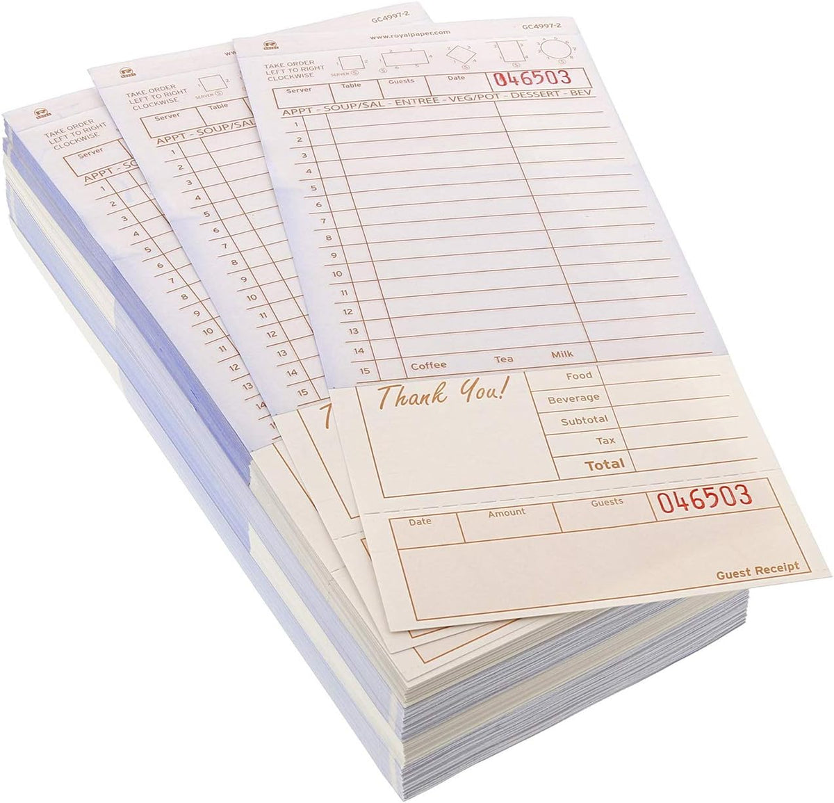 AmerCare Royal Tan Loose Guest Check Paper Receipt Book, Carbonless Order Book with 15 Lines, 2 Part Booked, Case of