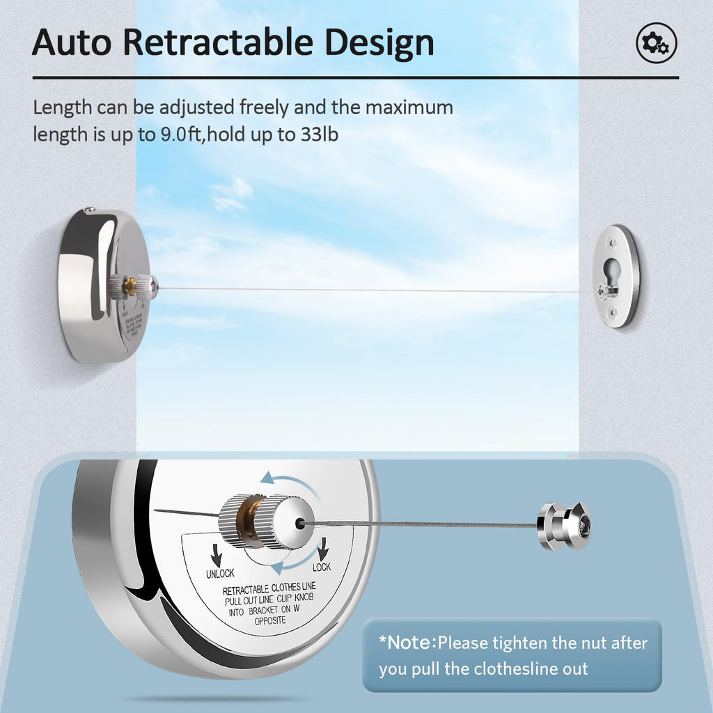 Retractable Clothesline 9.0 Feets Adjustable, 304 Stainless Steel