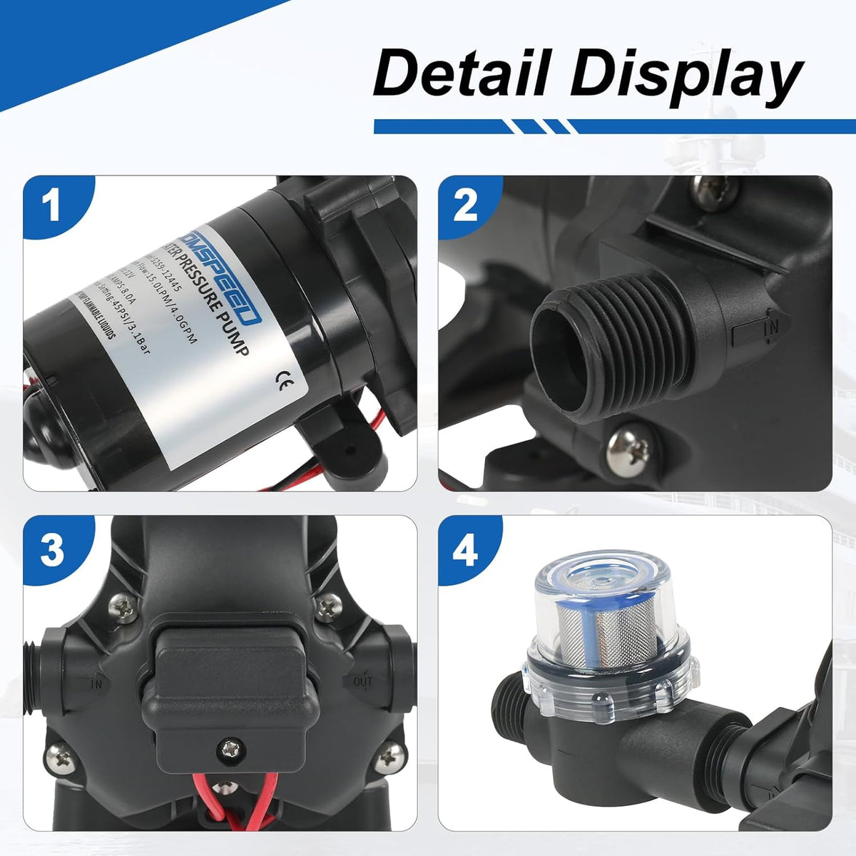 RV Water Pump, 12V DC 4.0 GPM 45 PSI, Self-Priming Diaphragm Pressure Pump
