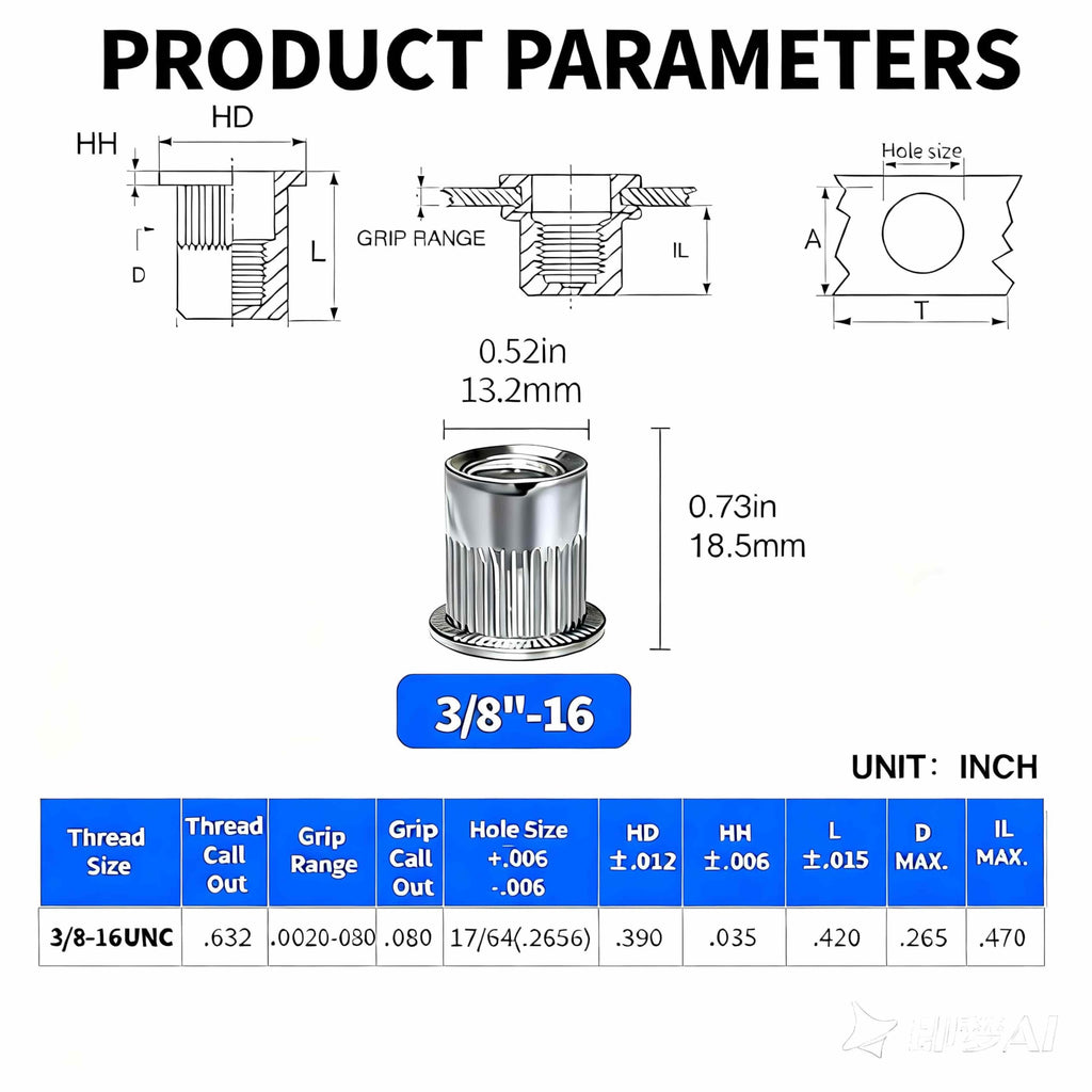 3/8 Rivet Nut, 30 Pcs 304 Stainless Steel Flat Head Threaded Insert Rivnuts