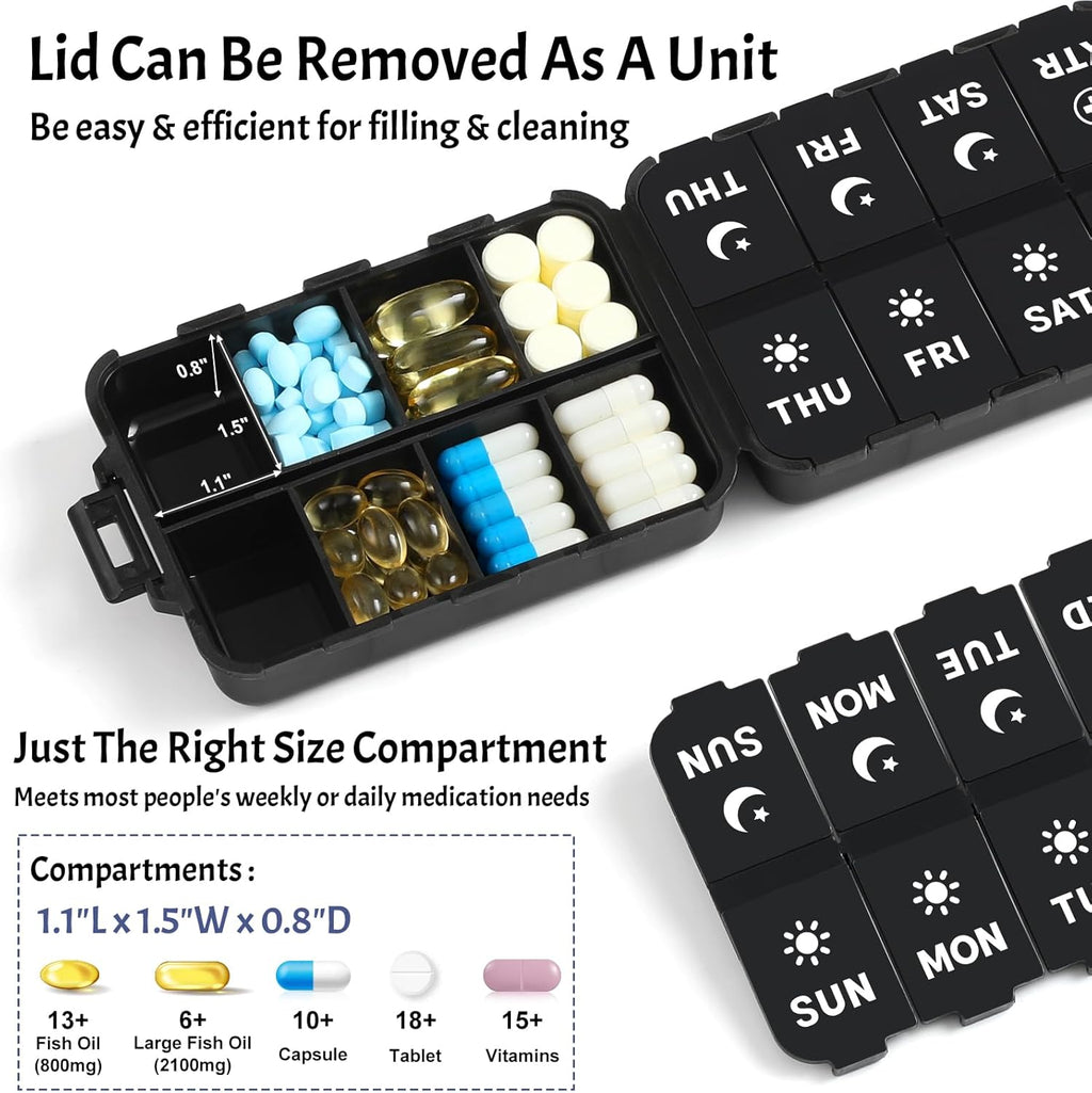 Foldable Weekly Pill Organizer 2 Times a Day with 2 Extra Compartments (Clear Printed Labels) - Portable 7 Day AM PM