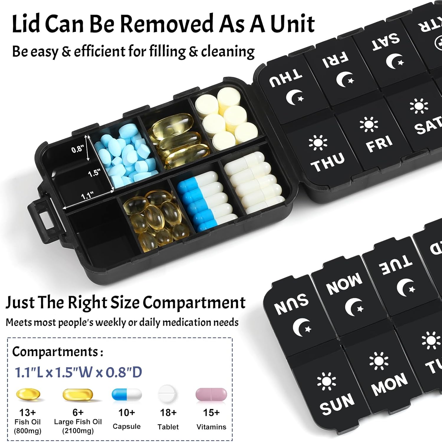 Foldable Weekly Pill Organizer 2 Times a Day with 2 Extra Compartments (Clear Printed Labels) - Portable 7 Day AM PM