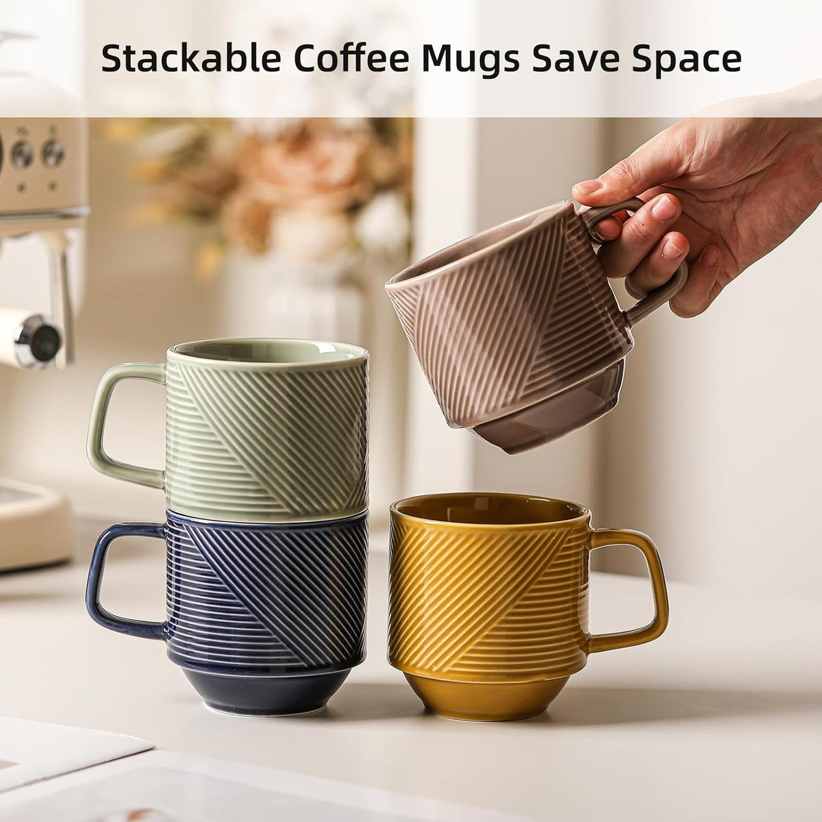 Stackable Coffee Mugs Set of 4, Microwave Safe 13 oz Multicolor