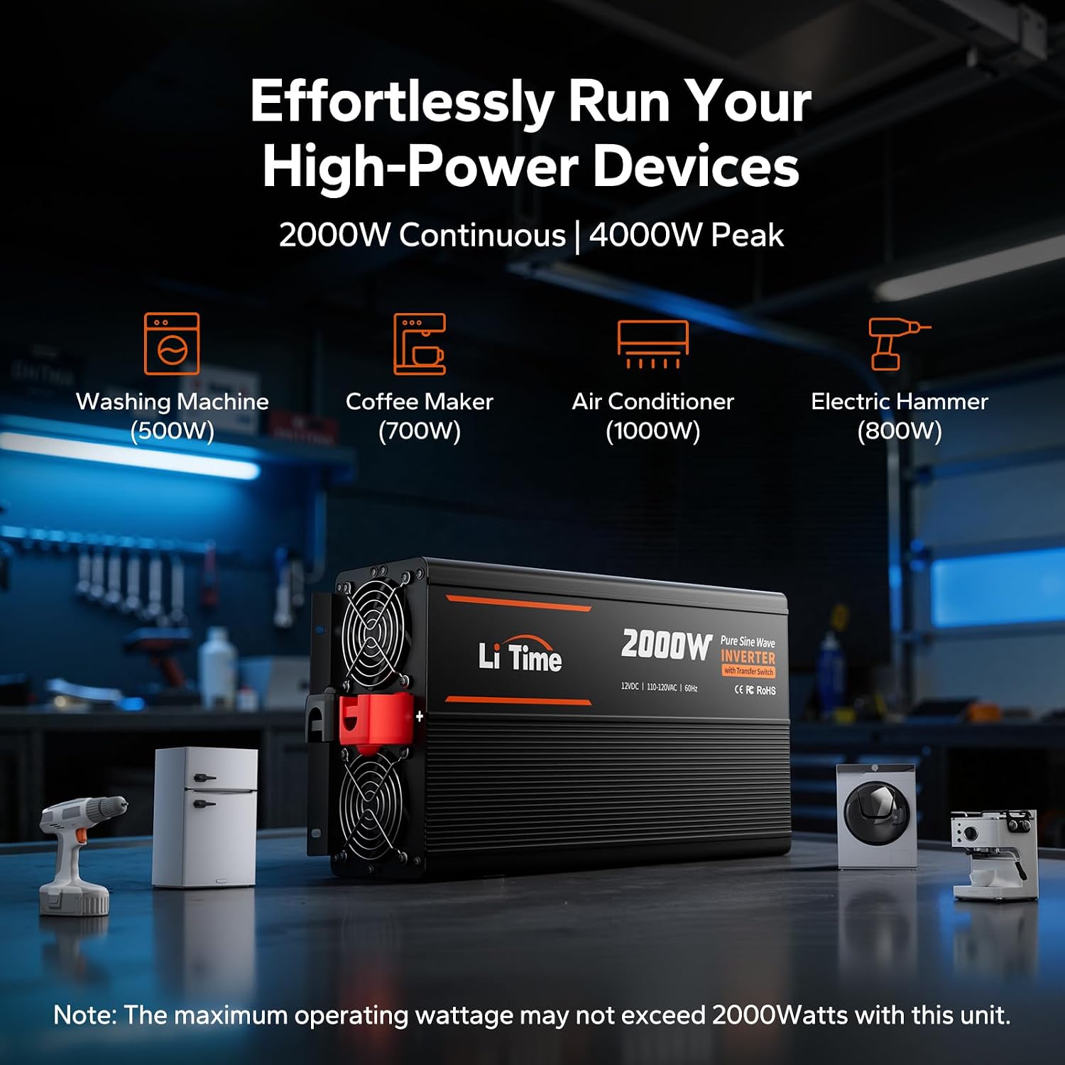 12V 2000W Power Inverter with ATS Transfer Switch, 12V DC-120V AC | 4000W Surge Power, 2 AC Output Sockets, USB &
