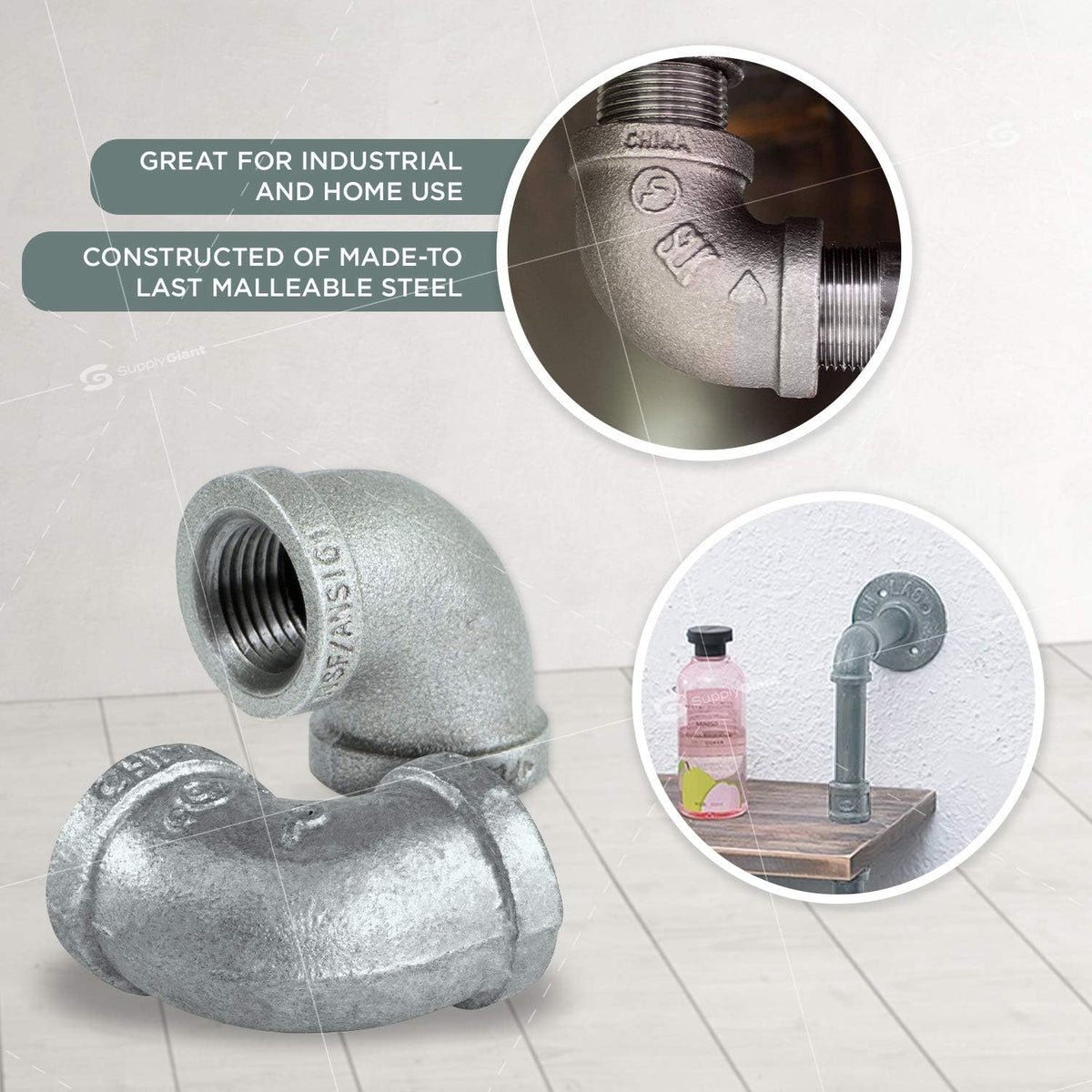 SUPPLYGIANT GMNL0012-10, 1/2 Inch 90 Degree Elbow, Malleable Iron Threaded Pipe Fitting, Galvanized (Pack Of 10)