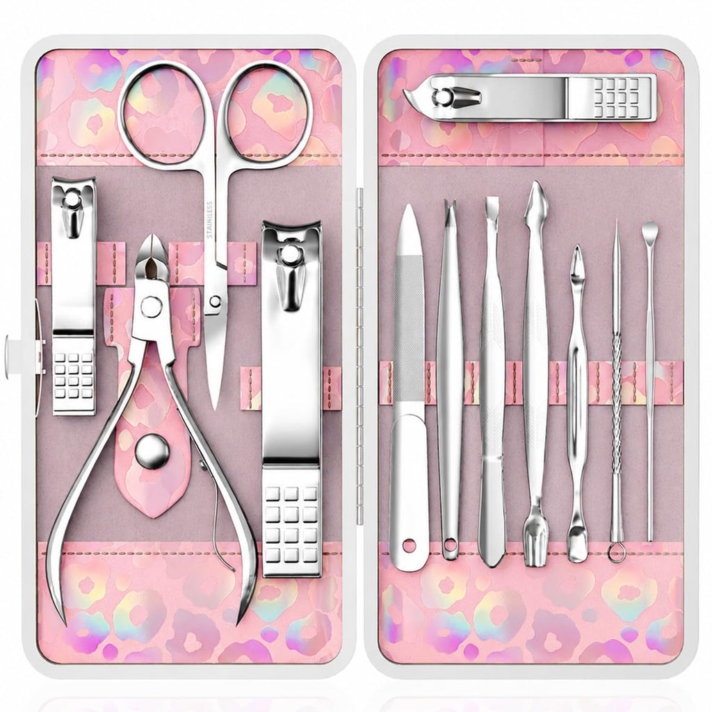 Nail Clippers Kit Manicure Pedicure Set with Holographic Case(Pink)