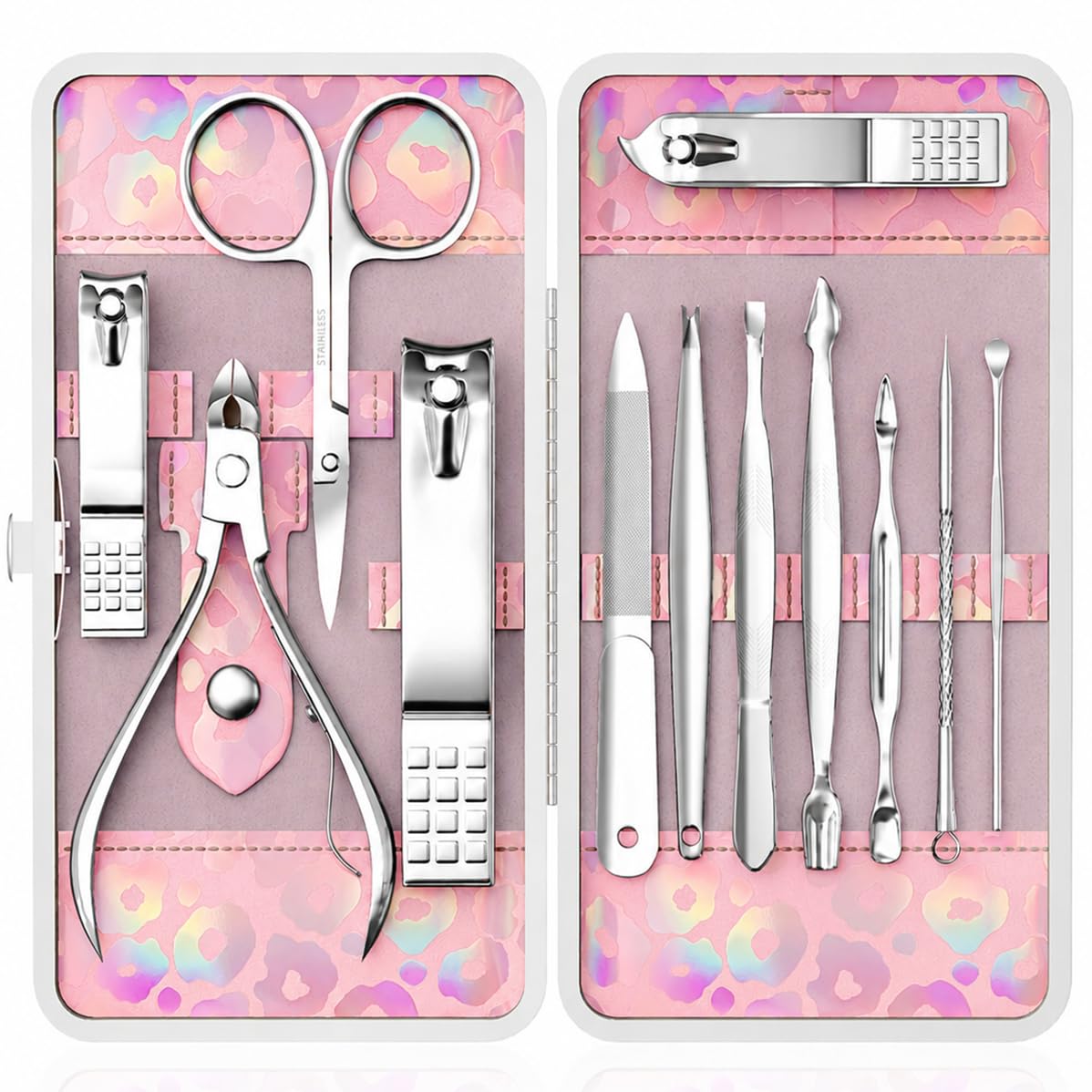 Nail Clippers Kit Manicure Pedicure Set with Holographic Case(Pink)