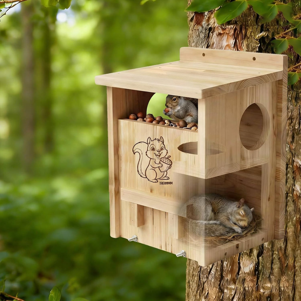 Squirrel House with Feeder, 2-in-1 Weatherproof Pine Wooden Squirrel Houses for Outside Nesting, Large Squirrel Boxes