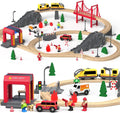 72PCS Fire Station Wooden Train Track Electric Train Set, Gift Packed Toy Railway Kits for Kids, Toddler Boys and