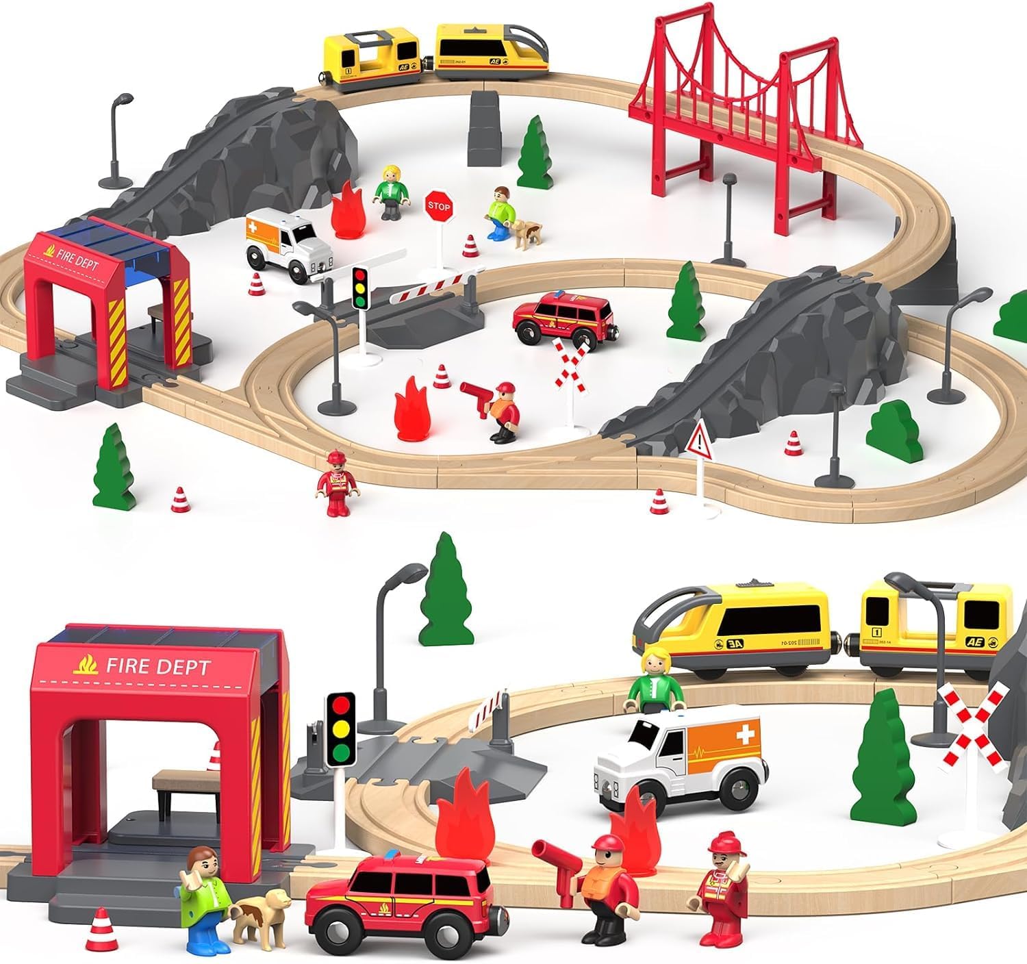 72PCS Fire Station Wooden Train Track Electric Train Set, Gift Packed Toy Railway Kits for Kids, Toddler Boys and