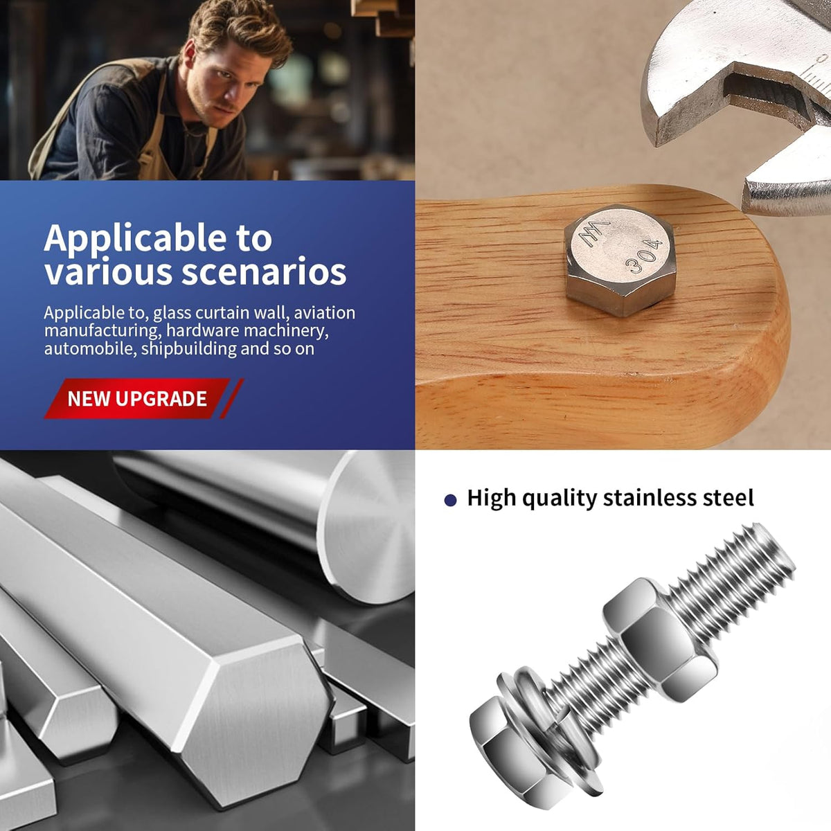 1/4-20 x 6 Hex Head Screw Bolt, Nuts, Flat & Lock Washers, 20Pcs 18-8 (304) Stainless Steel, Fully Threaded, by SG TZH