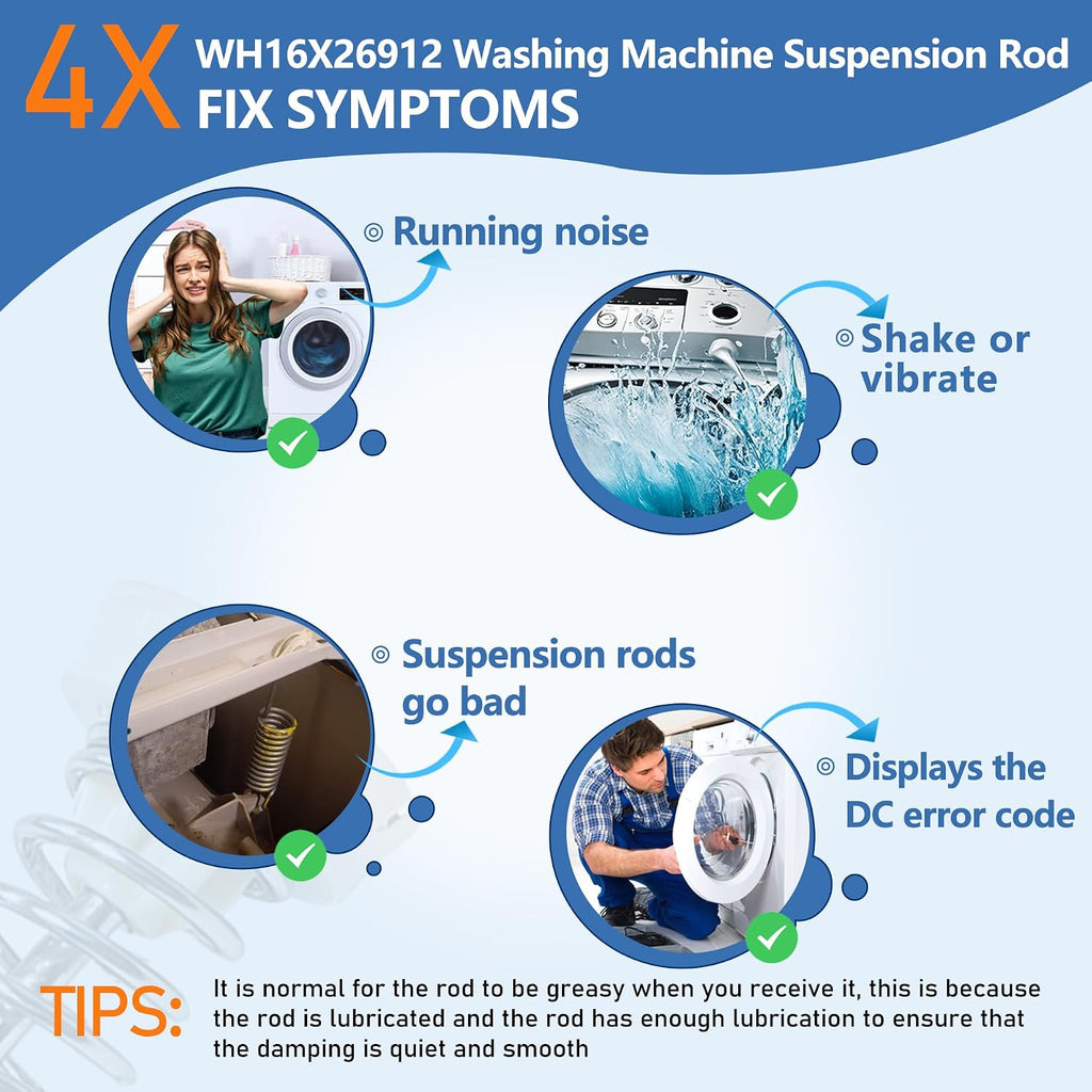WH16X26912 WH16X26913 Suspension Rod, Washing Machine Suspension Rod (4PCS), for GE GTW750CPL1DG GTW750CSL1WS GTW755CPM0DG GTW755CPM1DG GTW755CSM0WS GTW755CSM1WS GTW750CSL0DG