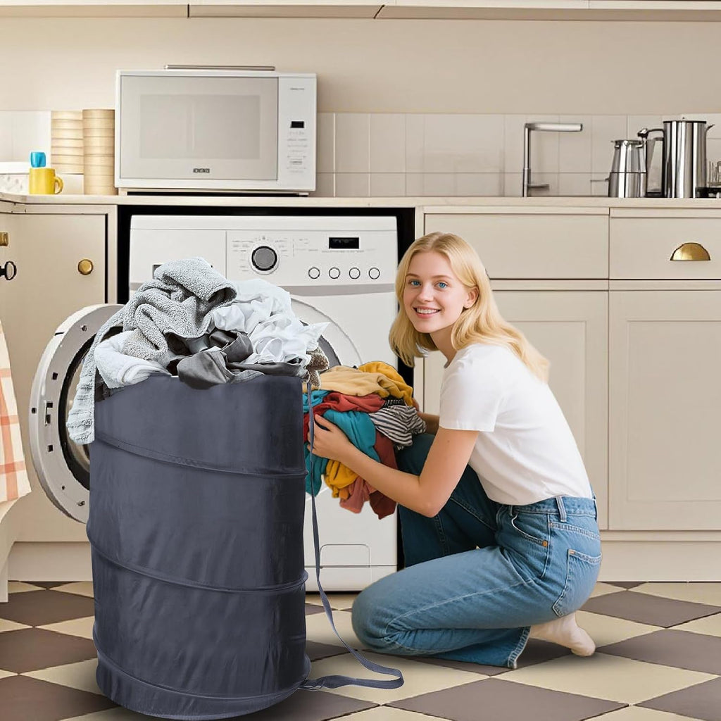 Extra Large 107L Strong Laundry Hamper 17.5" x 27" Collapsible Laundry Baskets with Long Straps Drawstring Barrel