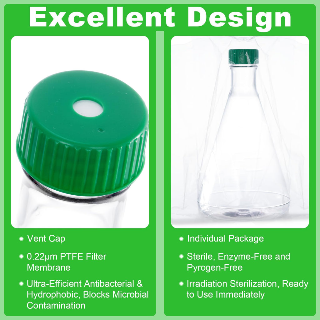 2000ml Erlenmeyer Flask, Sterile, Vent Cap, Flat Bottom, PC, 6Pcs