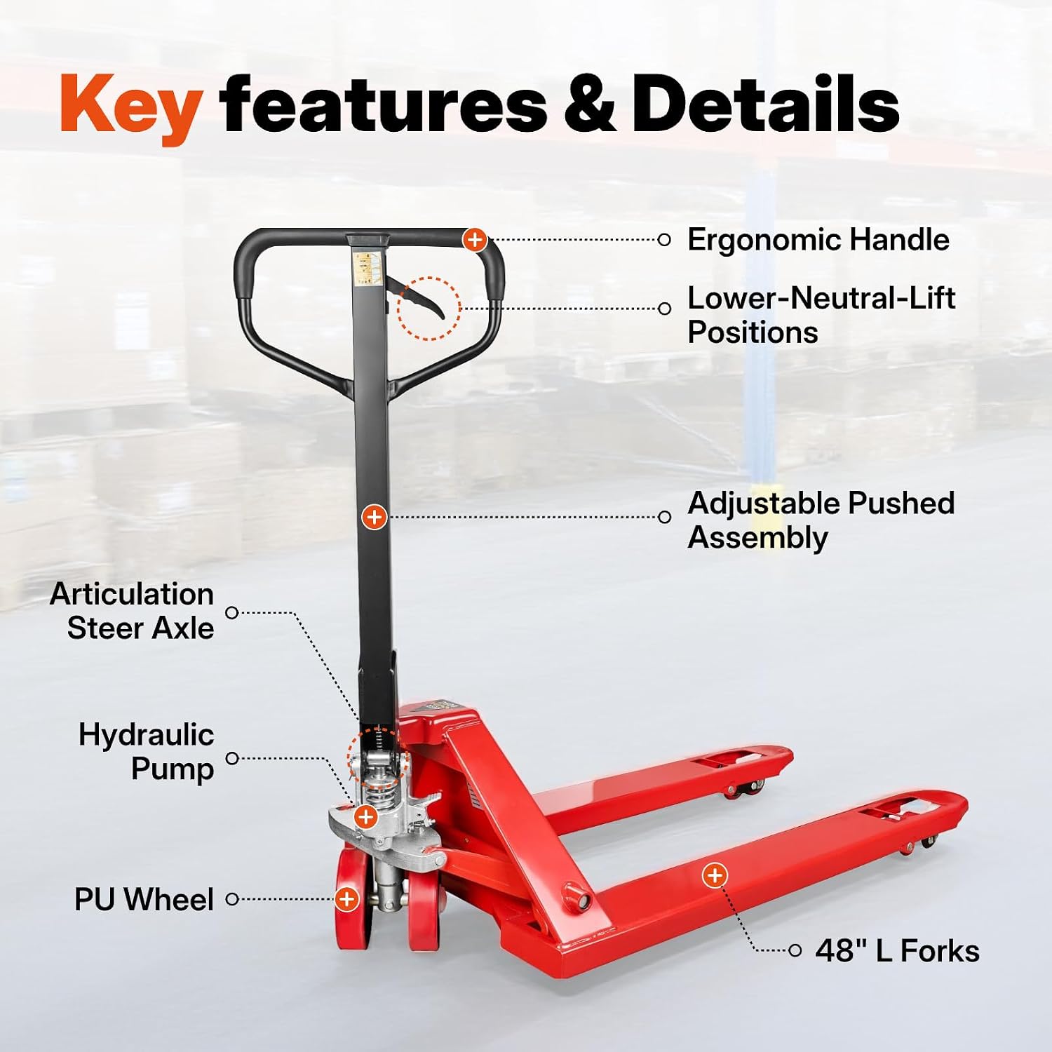 Manual Pallet Jack – Standard Duty Manual Forklift, 5500 lbs Capacity, 48" L x 27" W Forks, Durable PU Wheels