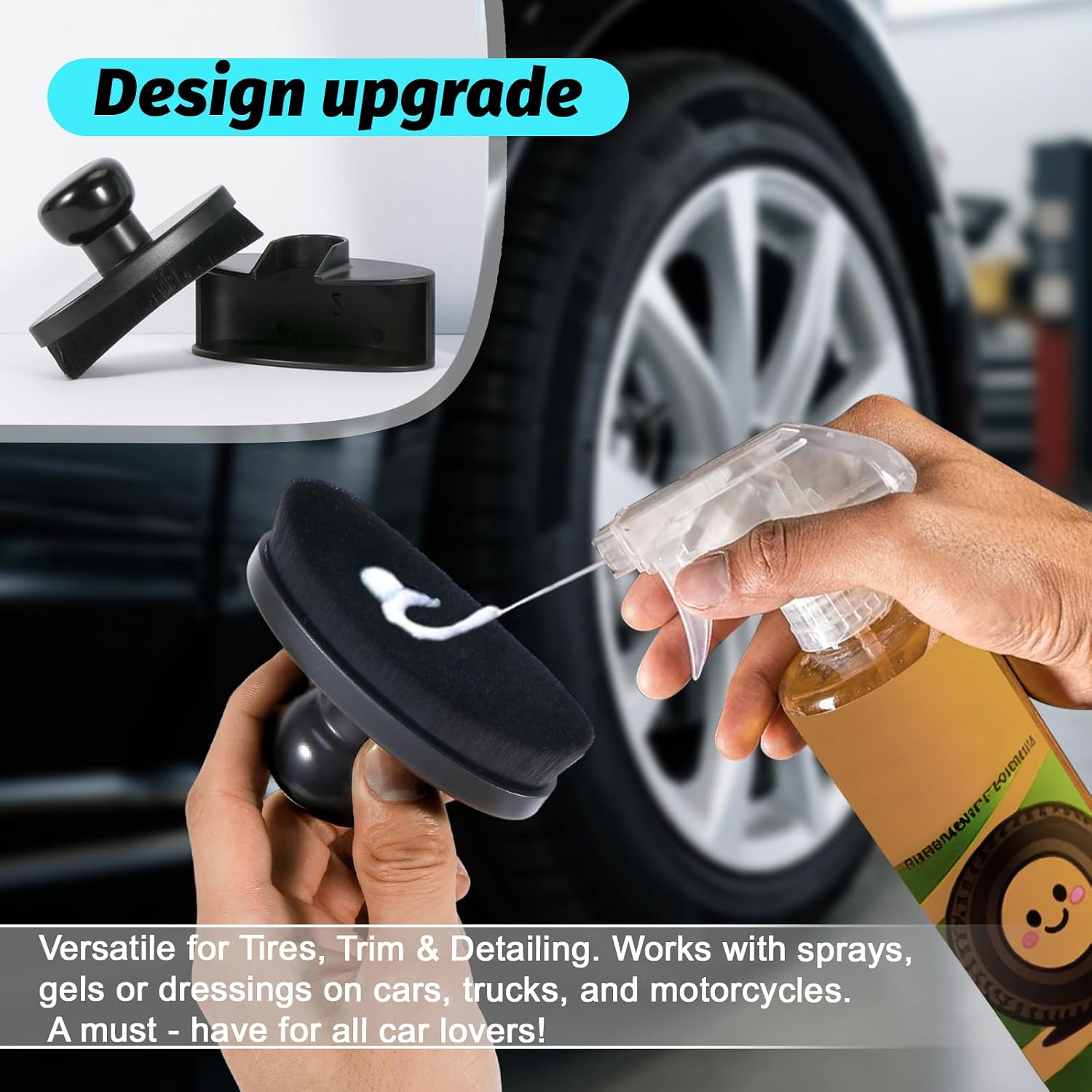 Tire Shine Brush - Curved Brush Head & Large 3.8'' Tire Dressing Applicator with Storage Stand for Automotive