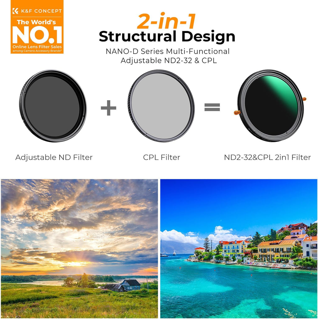 49mm Variable ND2-32 & CPL Polarizing Effect in 1 Lens Filter | 24 Multi-Coated Waterproof 1-5 Stops Adjustable