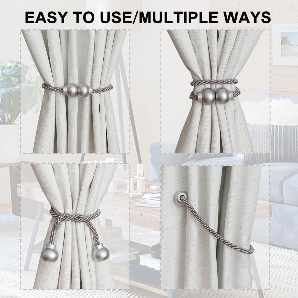 2Pcs Magnetic Curtain Tiebacks Modern Handmade Rope Curtain Tie Backs Grey