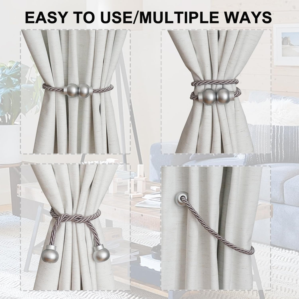 2Pcs Magnetic Curtain Tiebacks Modern Handmade Rope Curtain Tie Backs Grey