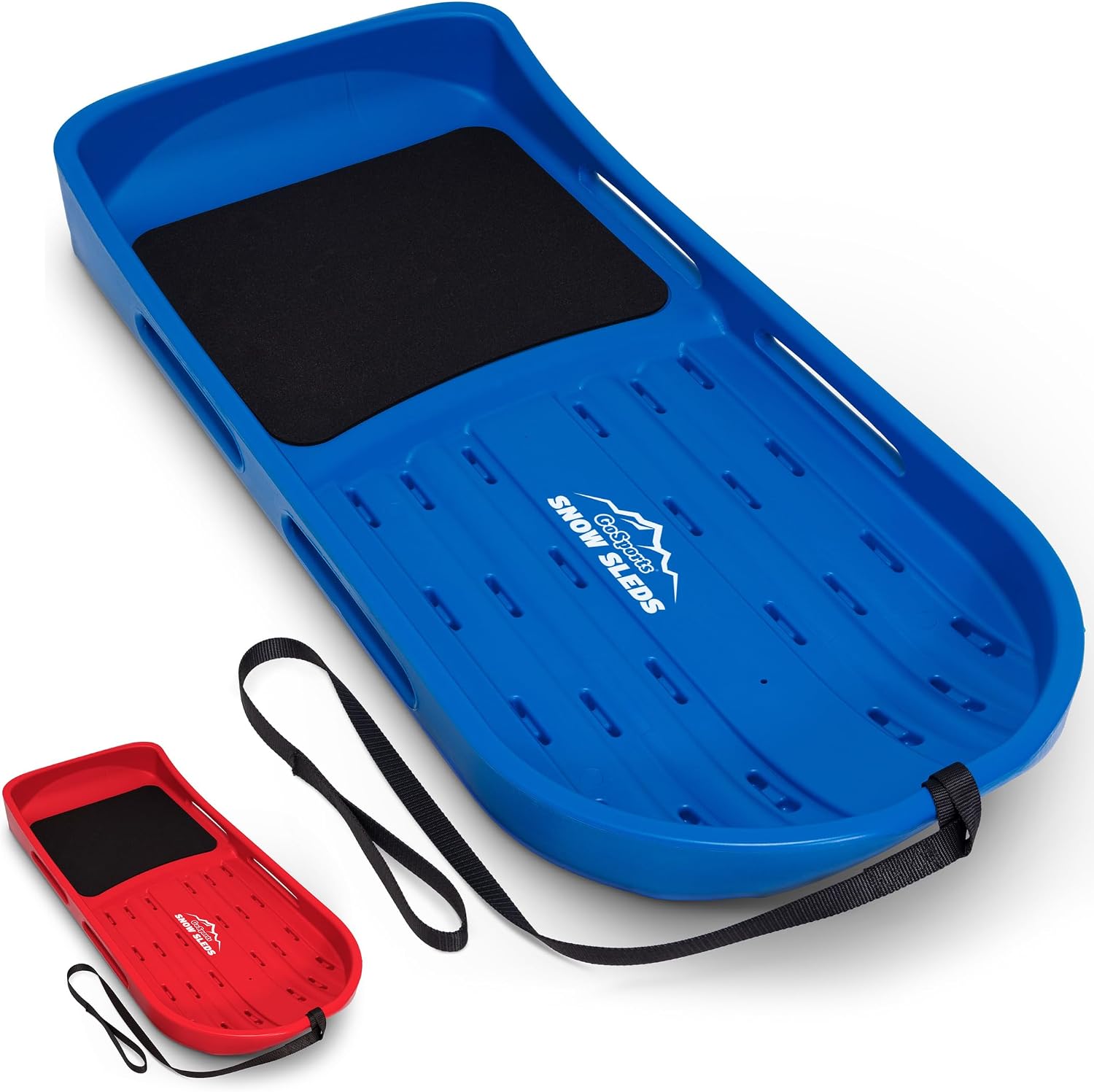 2 Person Premium Snow Sled - Choose Red or Blue - Double Walled Construction, Pull Strap and Padded Seat