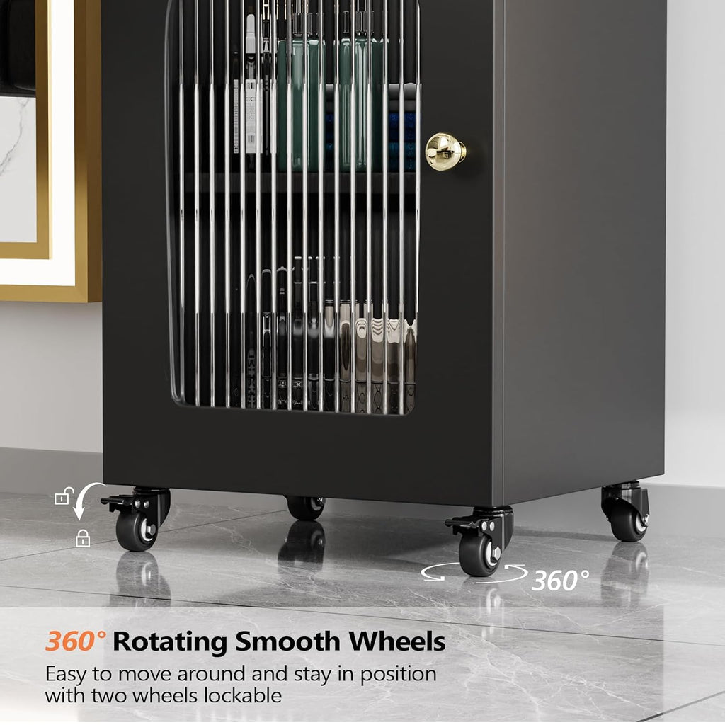 Salon Cart with Wheels, 3-Tier Rolling Beauty Cart with Glass Door & Dryer Holder, Mobile Hair Styling Station for