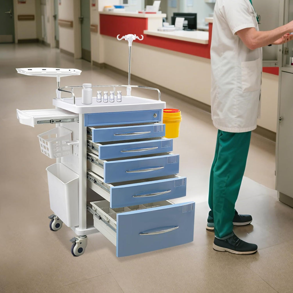 Medical Rolling Crash Cart with Accessories-CPR Board, 2 Trash Bin, Drawers with Dividers, Mobile Medical Cart for