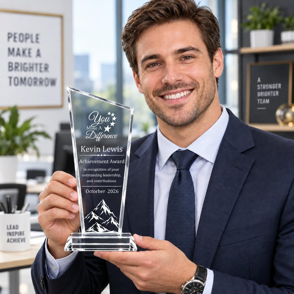 Personalized K9 Crystal Trophy Award with Logo Photo Text, Custom Employee Recognition Plaque for Corporate