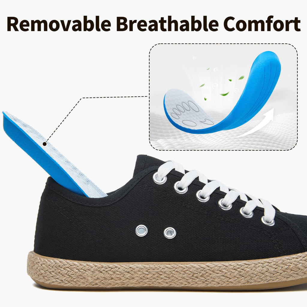 Women's Canvas Sneakers, Low Top Lace Up with Cushion(Black.US08.5)