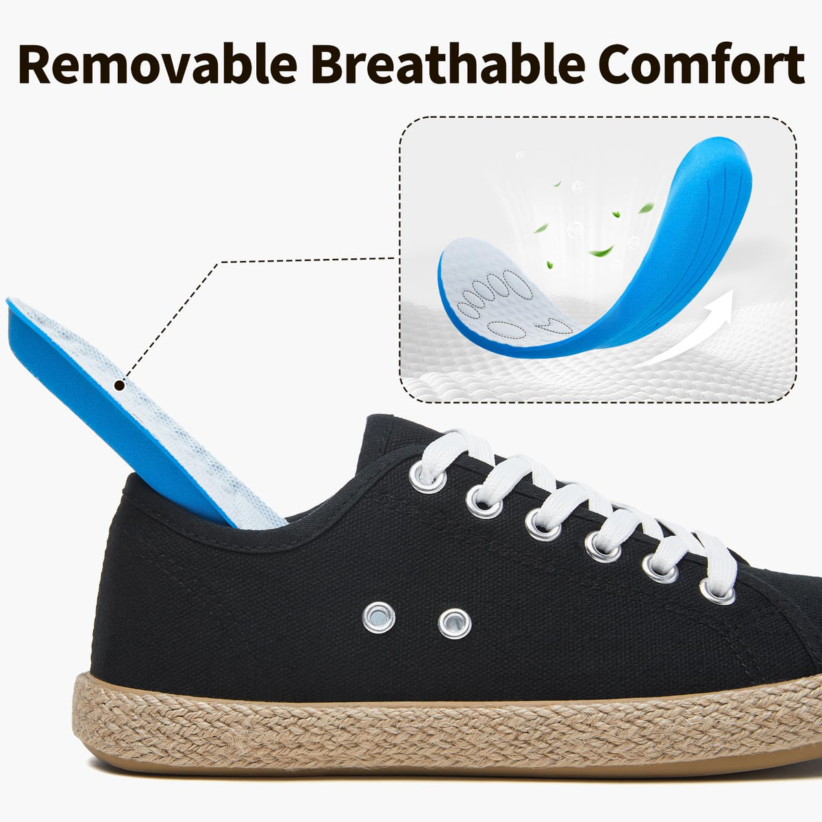 Women's Canvas Sneakers, Low Top Lace Up with Cushion(Black.US08.5)