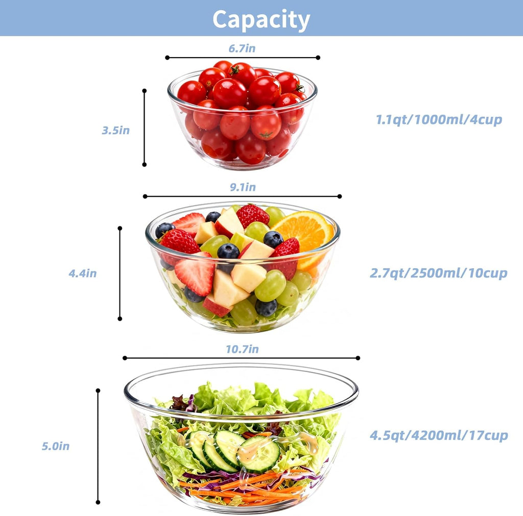 Glass Mixing Bowls Glass Bowls with Lids Set(4.5QT,2.7QT, 1.1QT),Large Salad Bowls,glass mixing bowl Space-Saving
