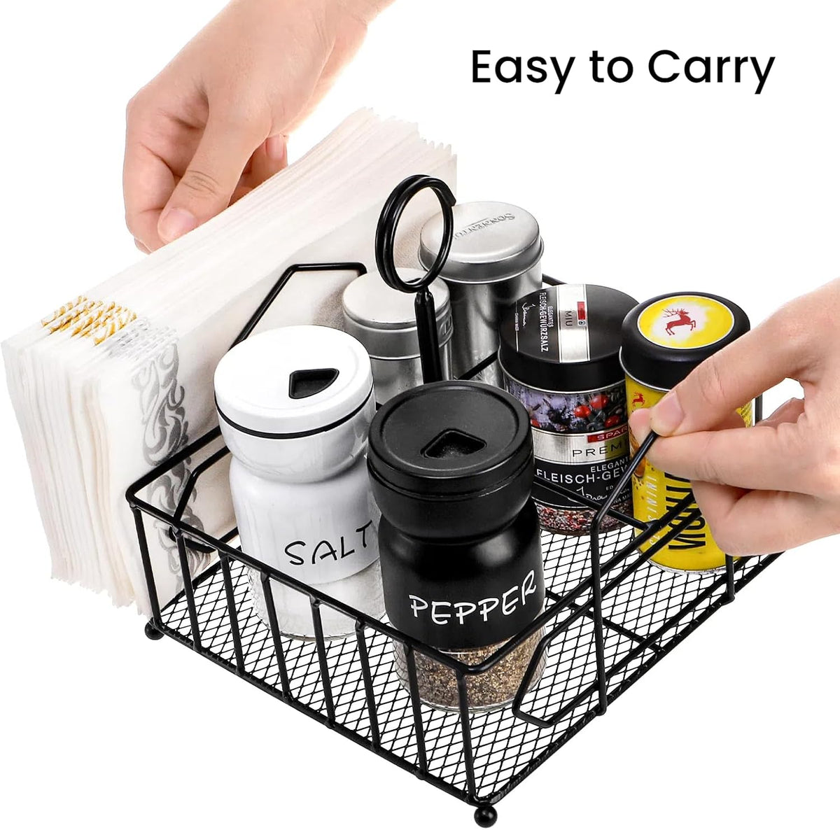 Metal Napkin Holder with Salt and Pepper Shakers, 2-in-1 Condiment Holder for Table, 4 Compartment Restaurant Wrought