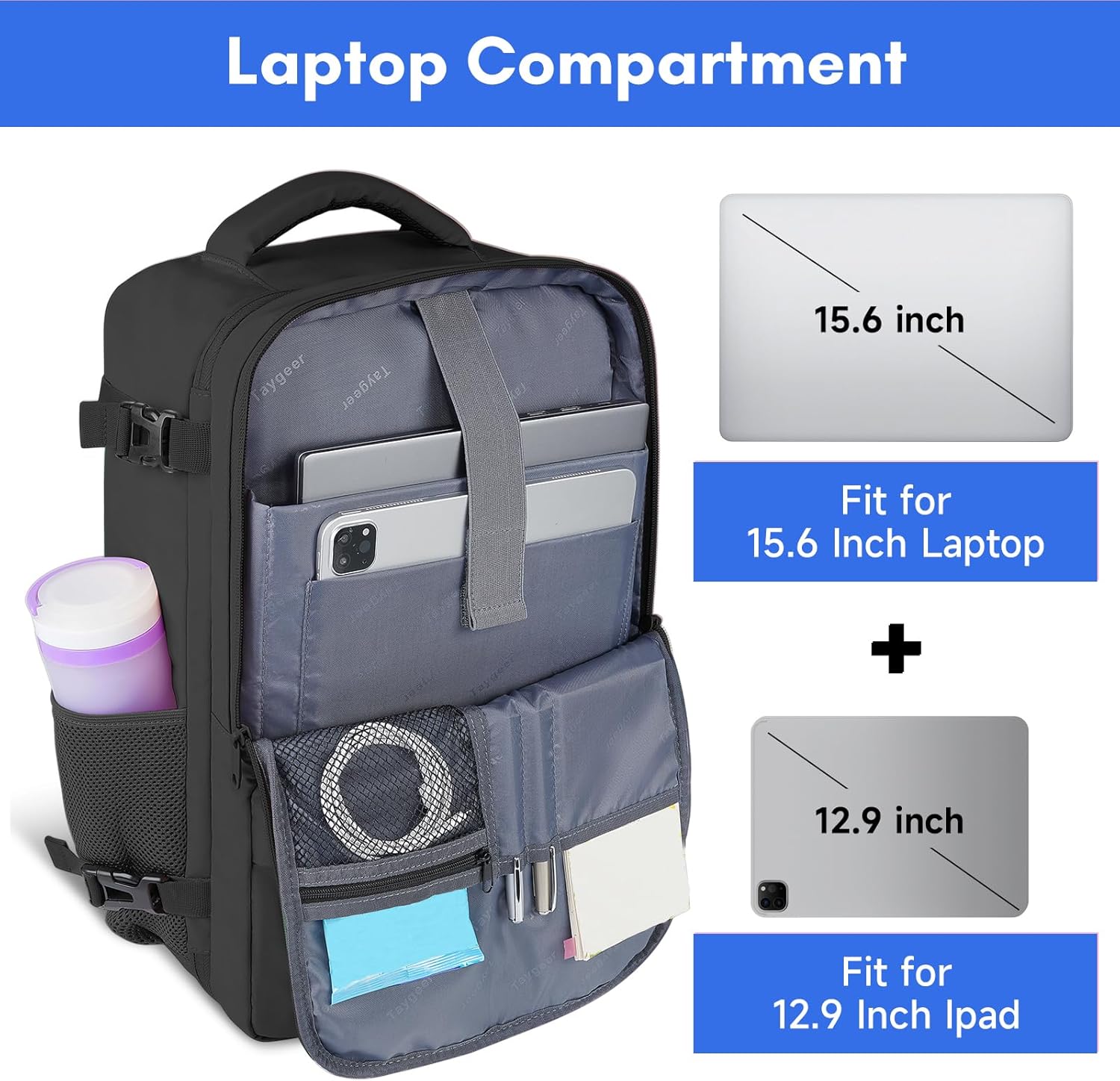 Travel Laptop Backpack for Men Women, Airplane Approved Travel Backpack Suitcase with Water Bottle Pocket