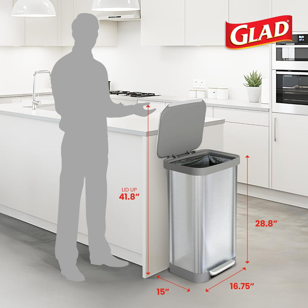 20 Gallon All Brushed Stainless Steel Trash Can with Clorox Odor Protection | Large Metal Kitchen Garbage Bin with