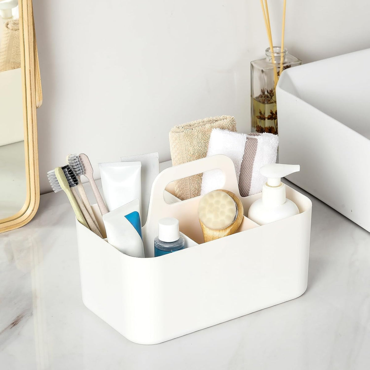 Multiuse Caddy Organizer with Handle, Portable Divided Plastic Tote Bin - Art Craft, Stationary Pen Marker Crayons