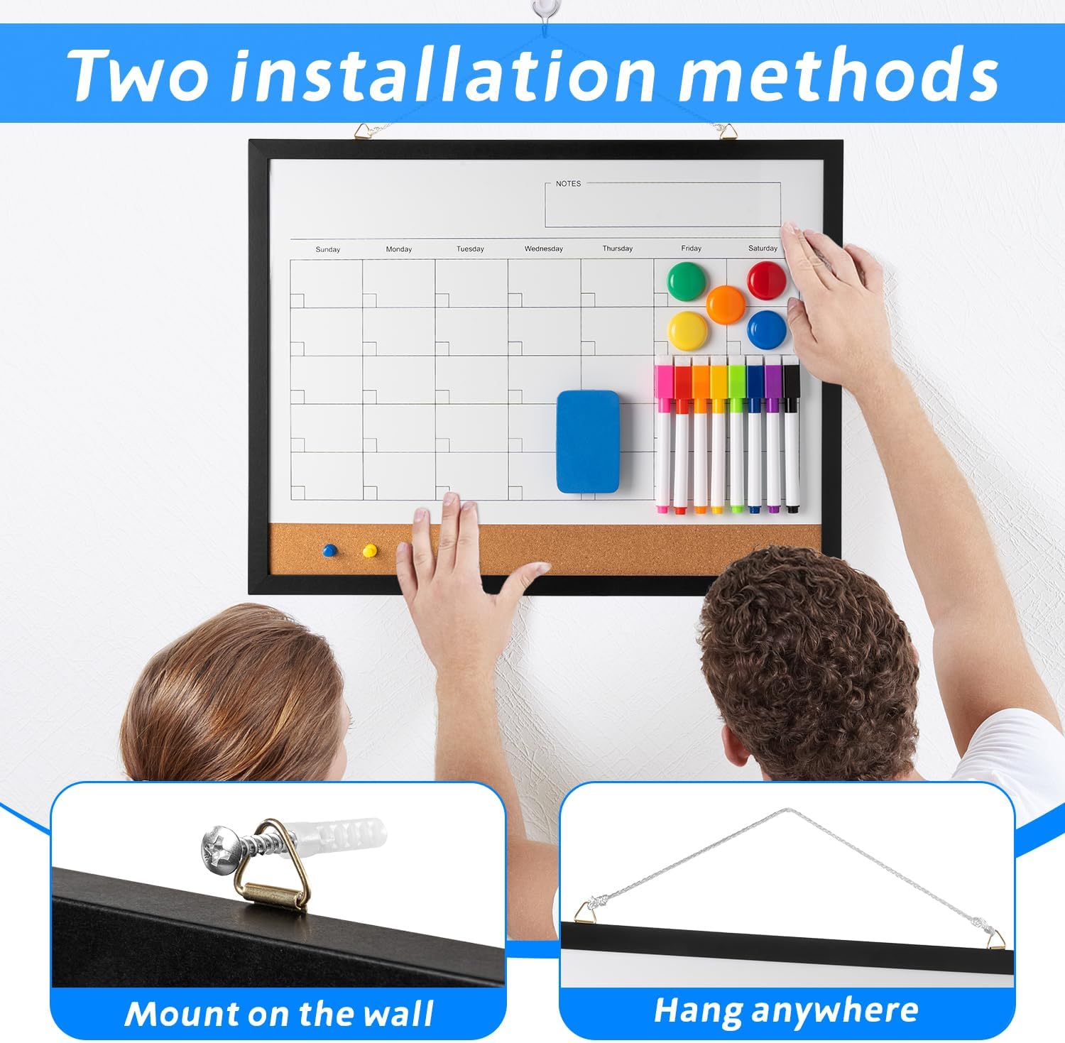 Dry Erase Calendar Whiteboard, 17" x 13" Magnetic Whiteboard Cork Board Combo, Reusable Monthly Planner with 8