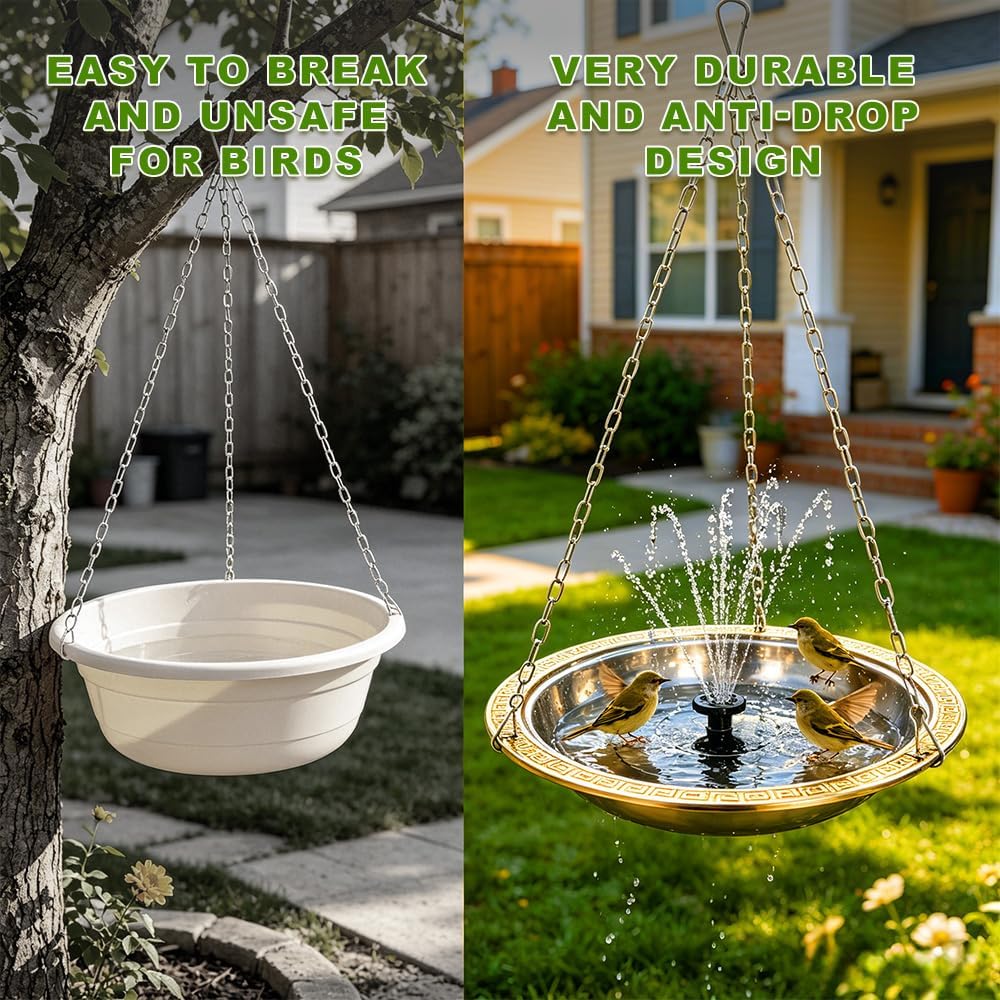 10.42 Inch Extra Deep Hanging Bird Bath with Solar Fountain, Outdoor Portable Soaking Tub with Solar Water Pump