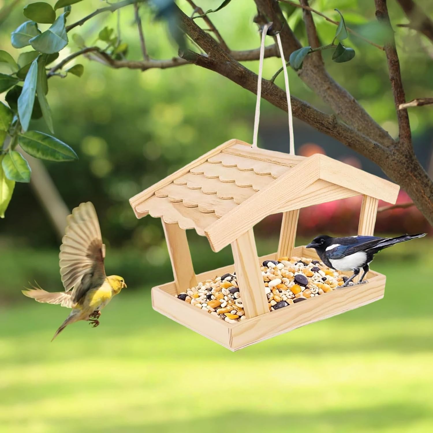 Bird Feeders House, 10x6.3x7.8 Inch Wooden Wild Bird Feeders for Cardinals Finches Bluebird Mealworm, Platform Bird