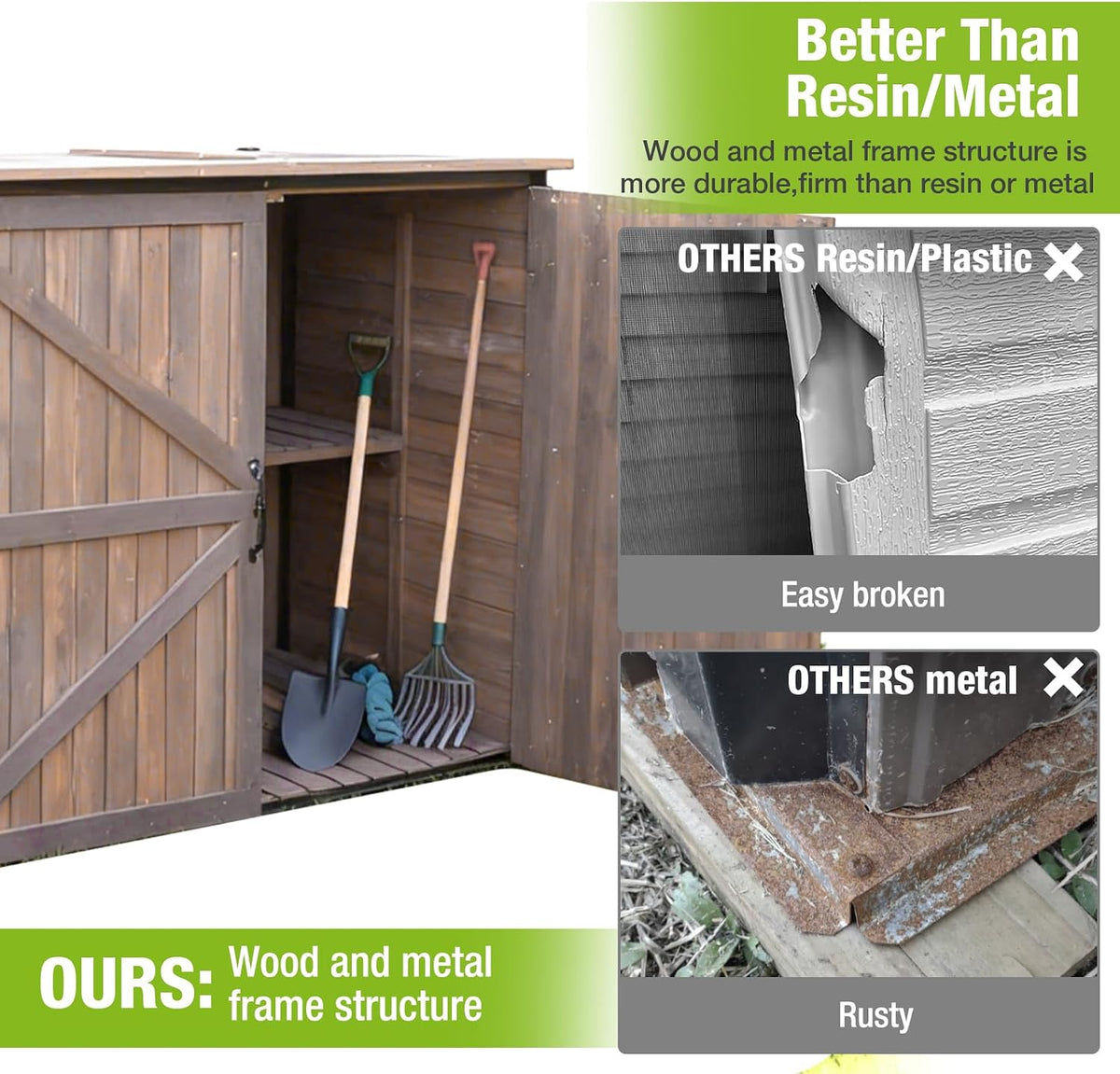 Weatherproof Outdoor Trash Can Shed, Outdoor Storage Shed with Strong Metal Frame, Wooden Garden Sheds with