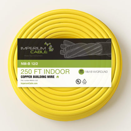 12/2 NM-B Electrical Wire – 250ft Coil – Solid Copper, Indoor Residential Cable with Ground – Yellow Jacket – 600V Rated