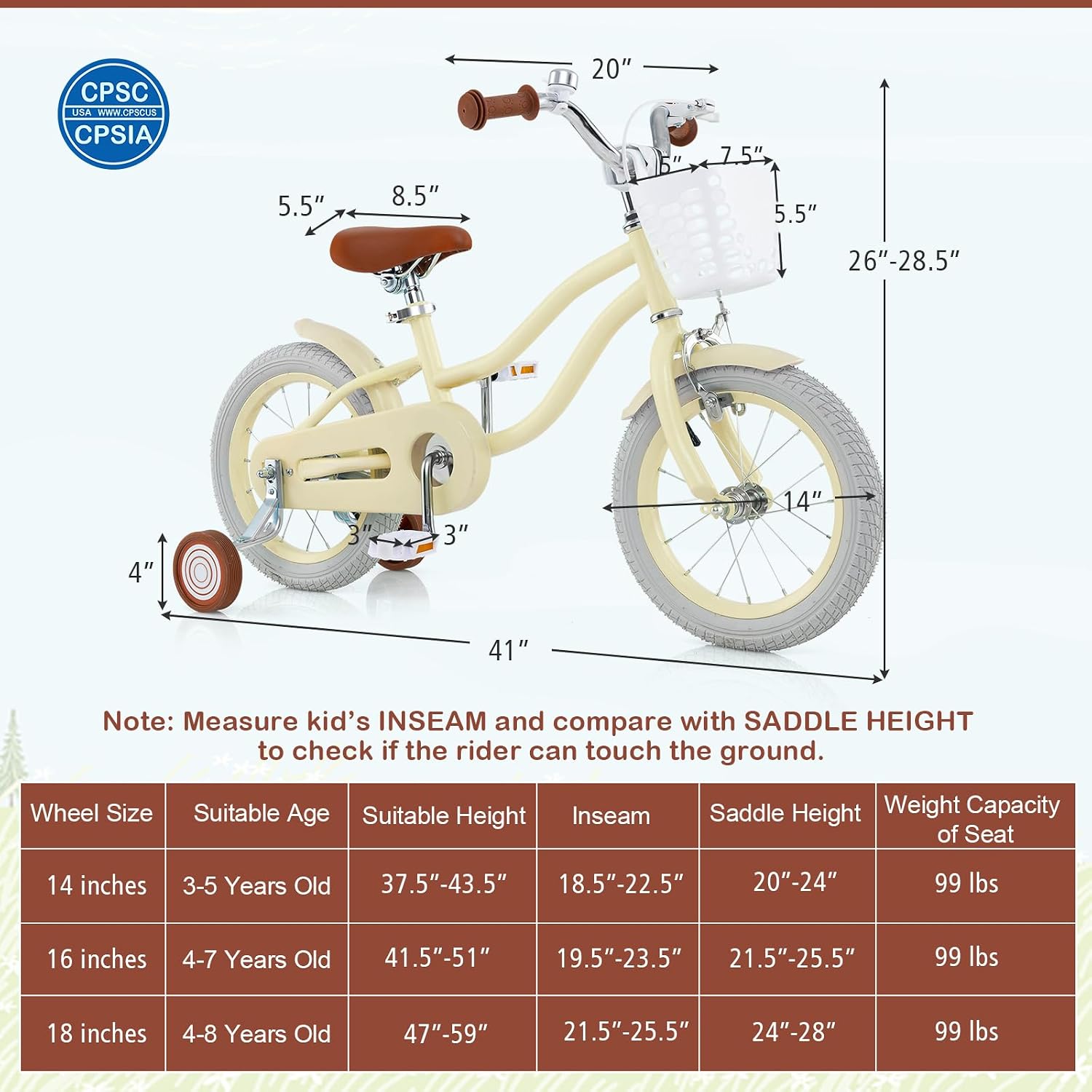 12-20 Inch Adjustable Kids Bike, Boys Girls Bike for Age 3-8 Years with Basket, Training Wheels, Handbrake and