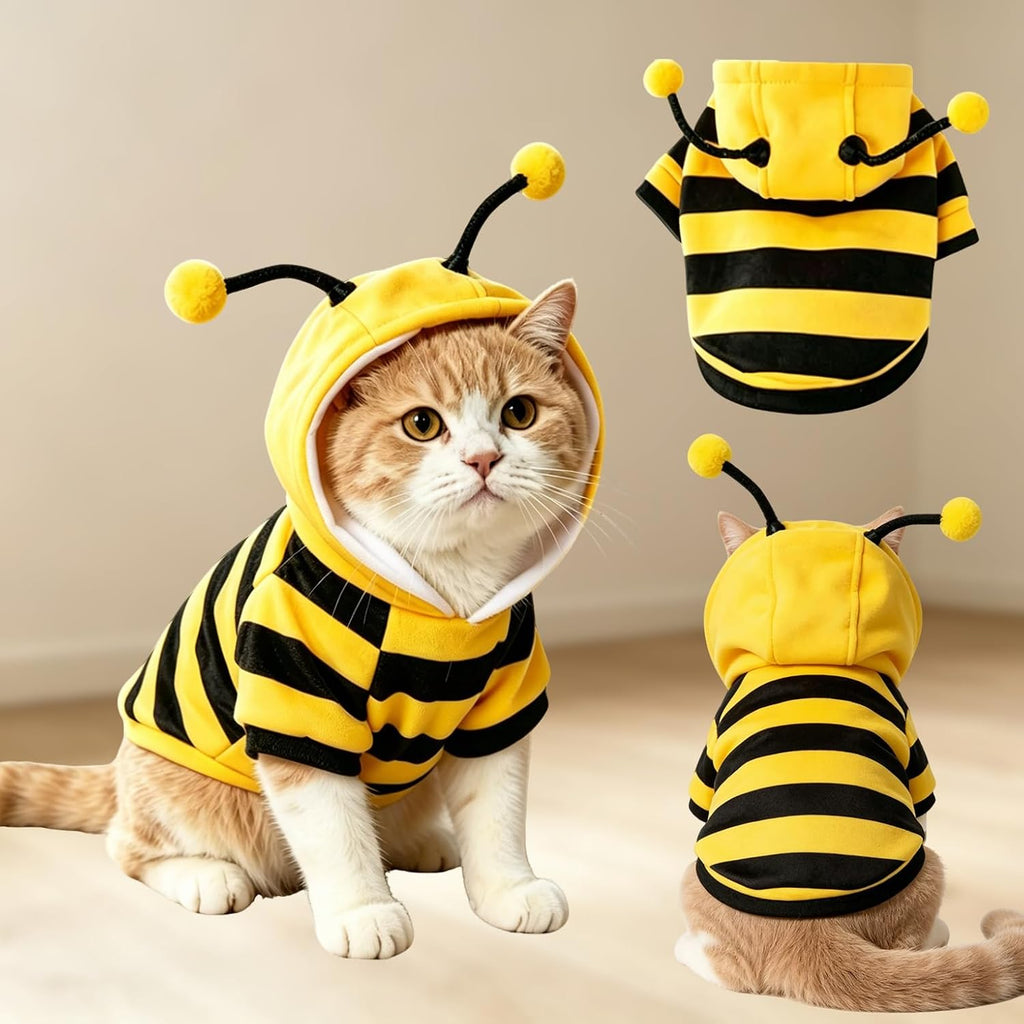 Bumblebee Cat Costume for Sphynx & Small Dogs, Fit Halloween, Yellow, XS | Cute Bee Stripes Hoodie, Soft Warm Fleece