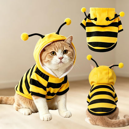 Bumblebee Cat Costume for Sphynx & Small Dogs, Fit Halloween, Yellow, XS | Cute Bee Stripes Hoodie, Soft Warm Fleece